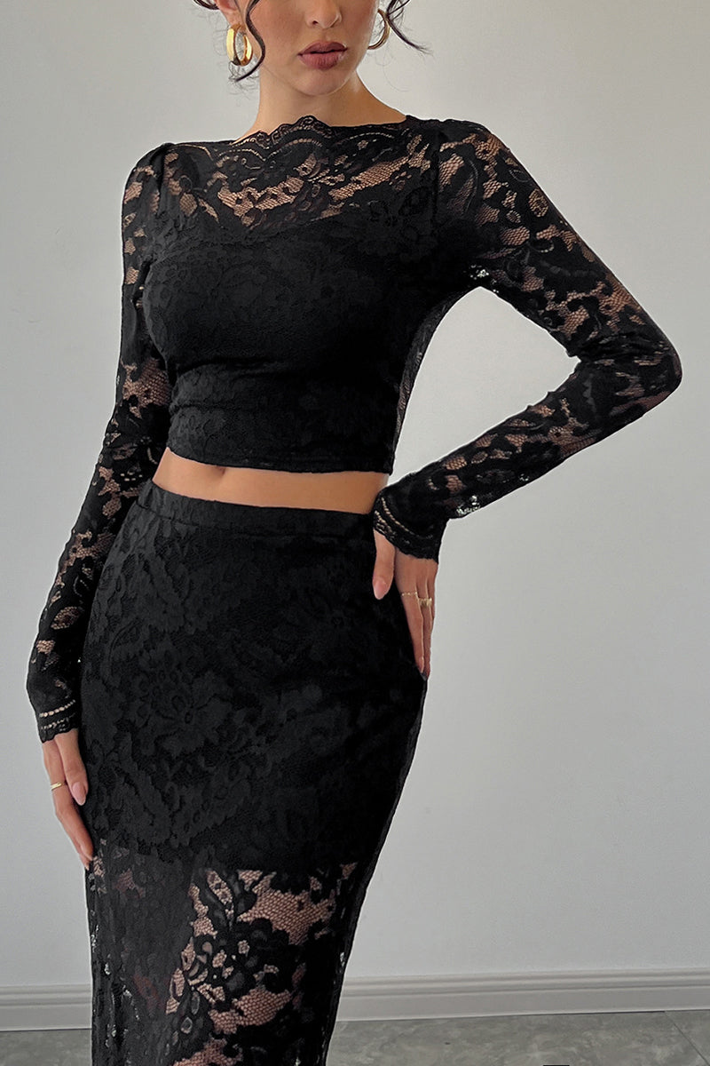 Elegant Lace Long Sleeve Skirt Set