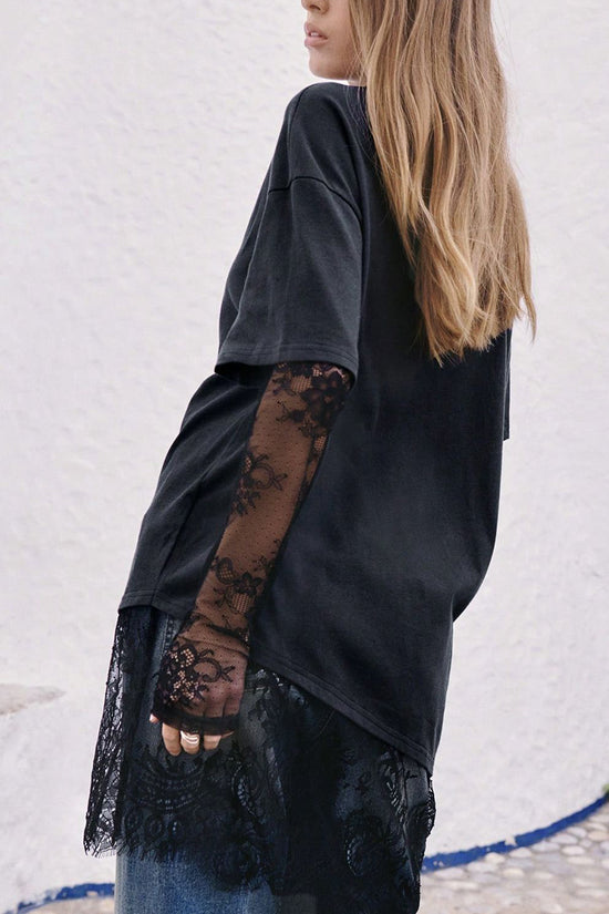 Lace Details Asymmetric Hem T-Shirt