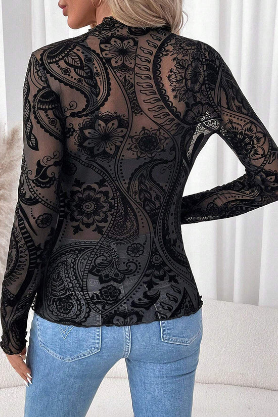 Elegant Sheer Floral Long Sleeve Top