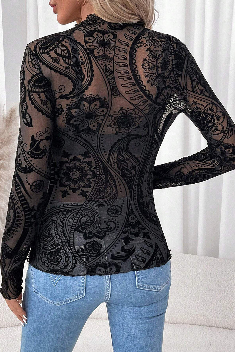 Elegant Sheer Floral Long Sleeve Top