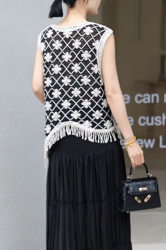 Floral Pattern Asymmetric Fringe Vest