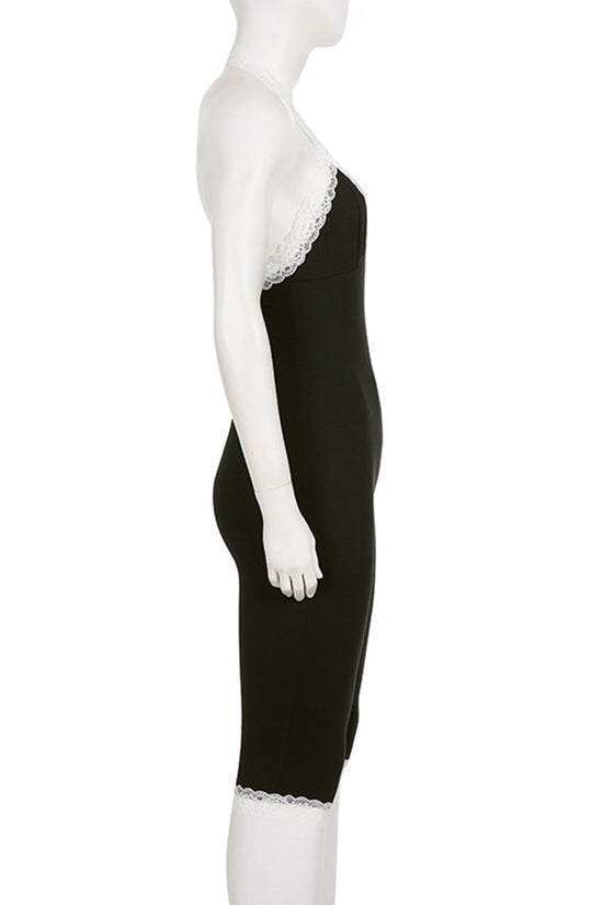 Halter Lace Trim Bodycon Romper