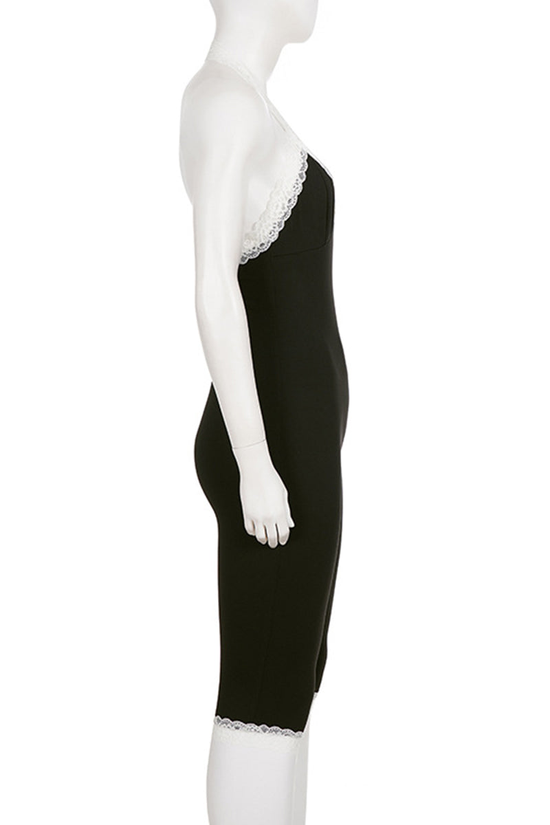 Halter Lace Trim Bodycon Romper