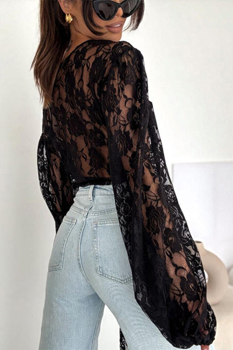 Lace V-Neck Long Sleeve Crop Top