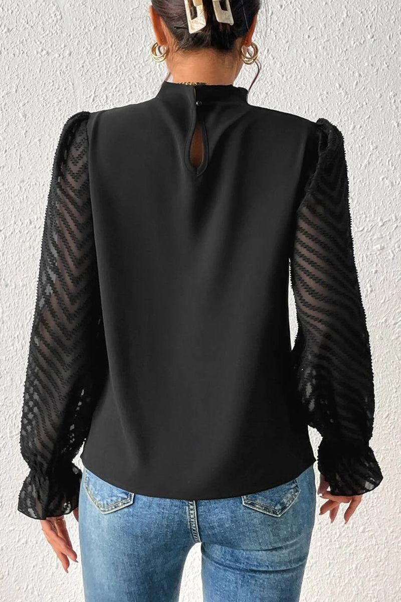 Elegant Pleated High Neck Sheer Sleeve Top