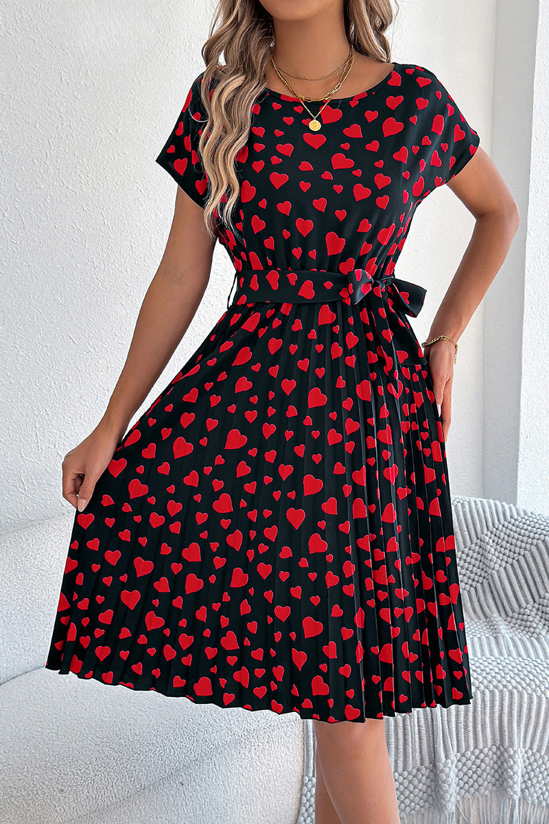 Heart Print Belted Casual Dress