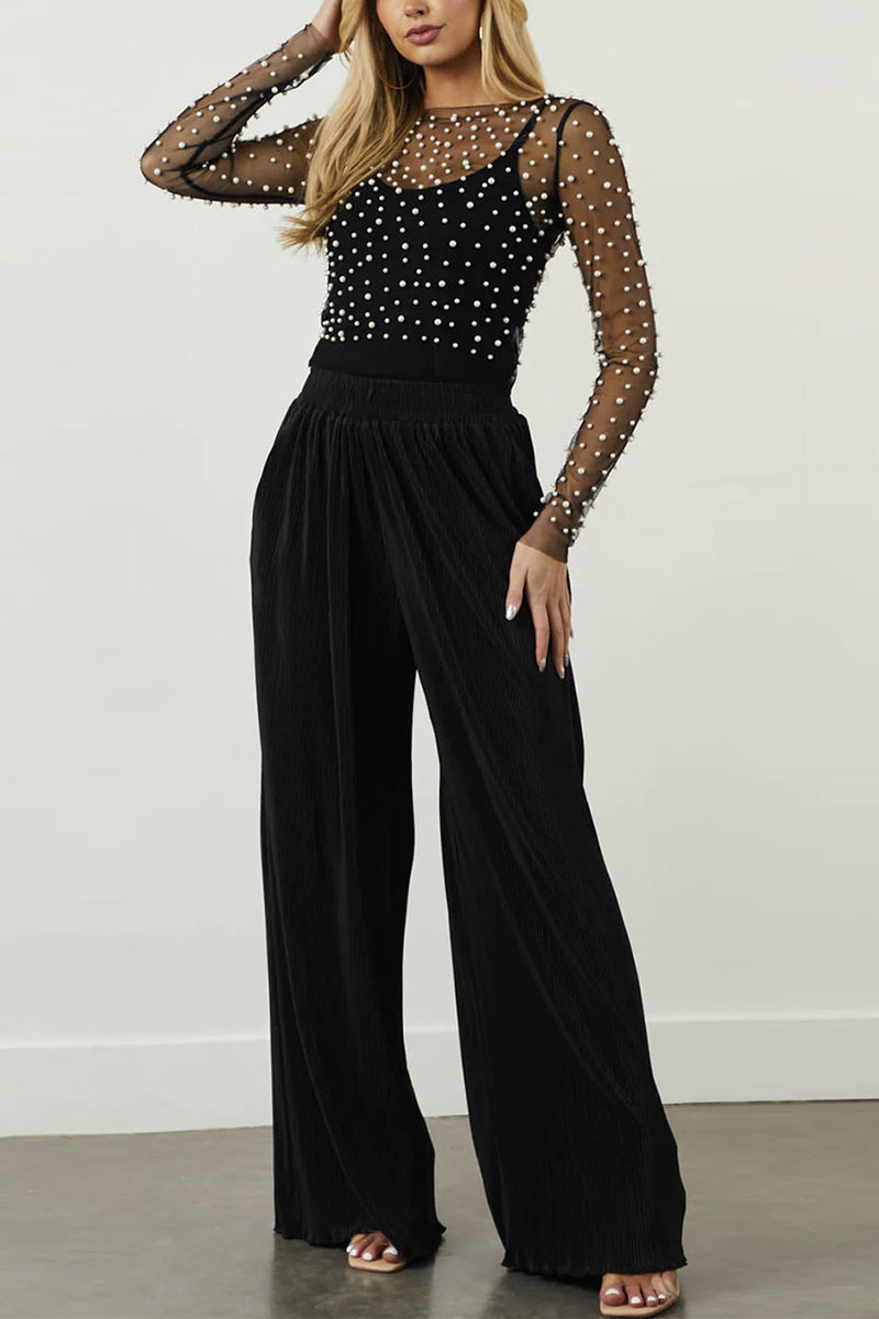 Pearl Embellished Mesh Long Sleeve Top