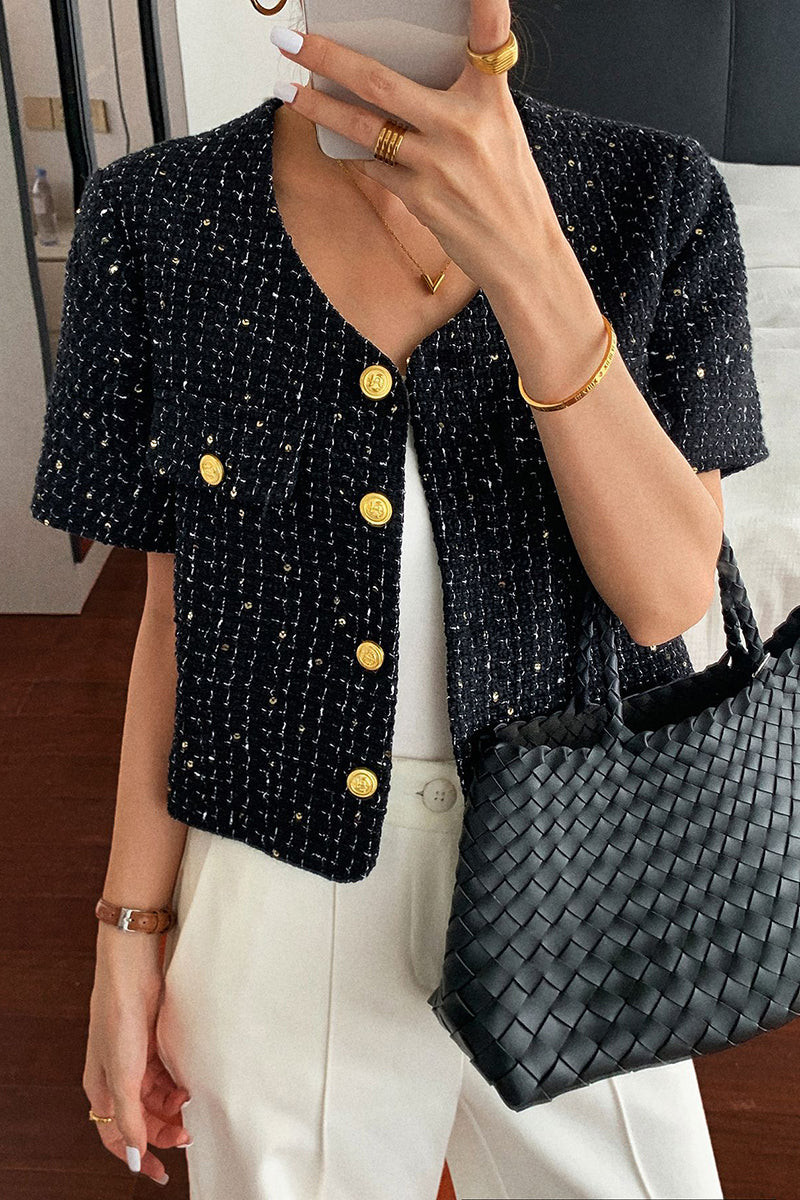 Buttoned Short Sleeve Tweed Blazer