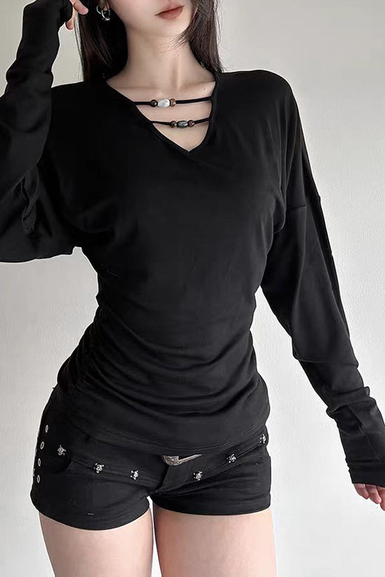 Strappy Neck Long Sleeve Bodycon Top