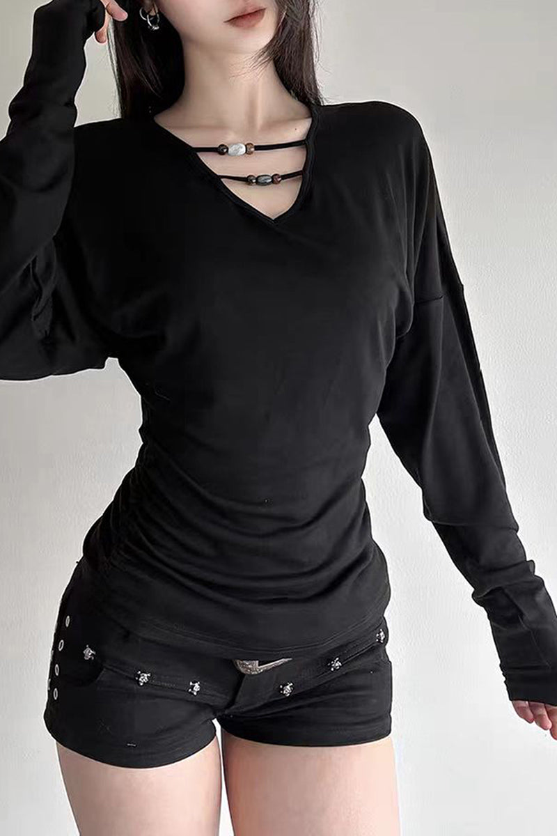 Strappy Neck Long Sleeve Bodycon Top