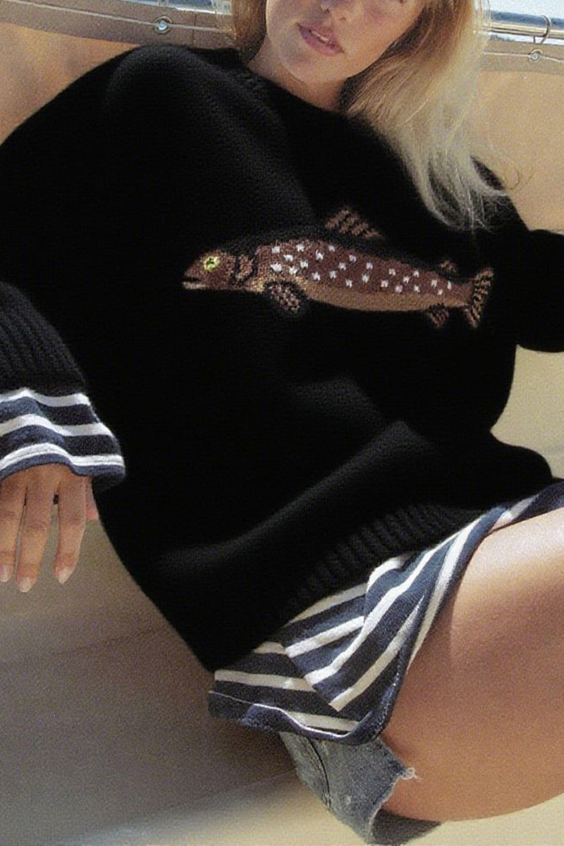 Fish Motif Crewneck Sweater