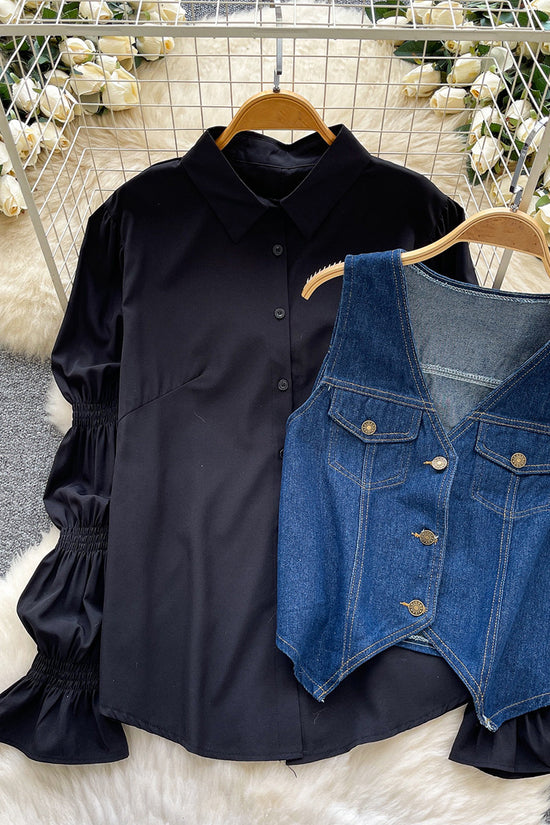 Denim Vest and White Blouse Set