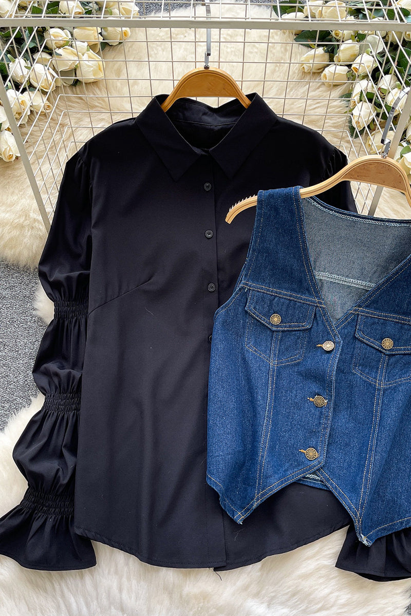 Denim Vest and White Blouse Set