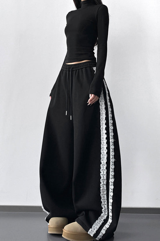 Wide-Leg Lace Trim Casual Pants