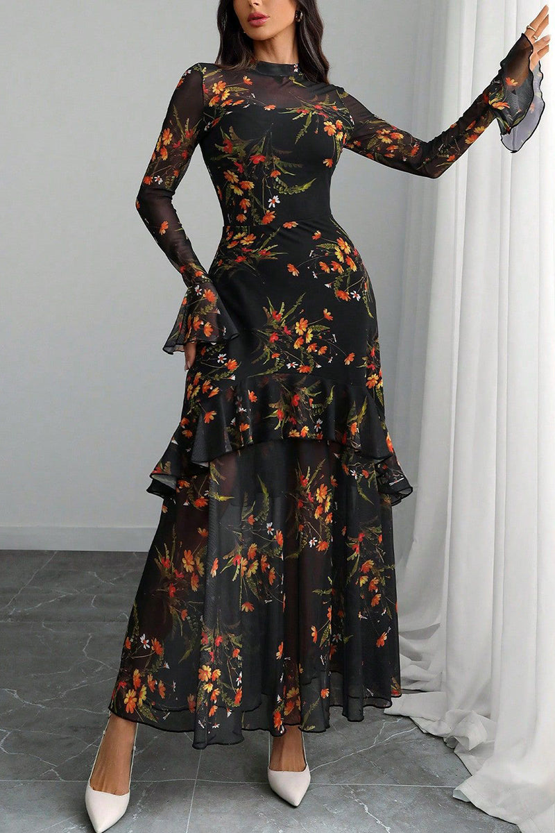 Floral Long Sleeve Layered Dress