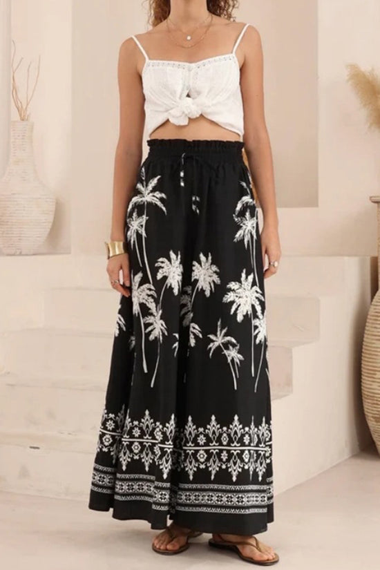 Tropical Print Wide-Leg Casual Pants