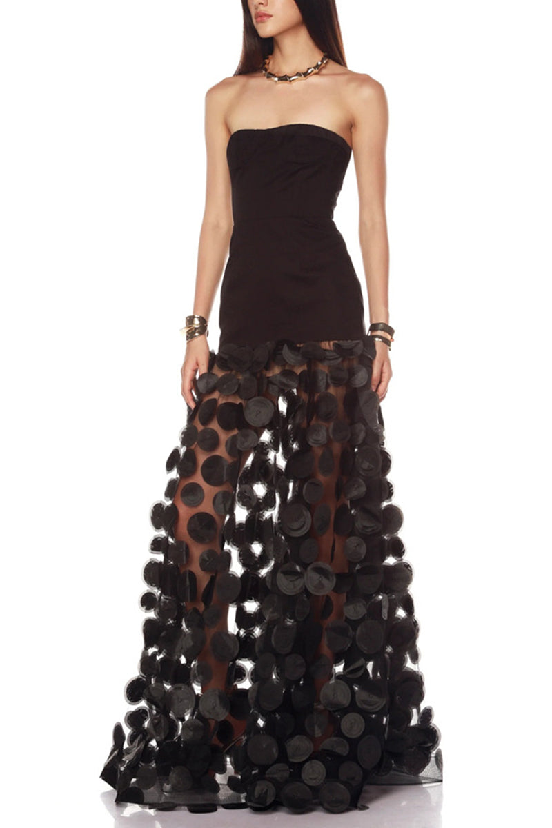 Strapless Sheer Polka Dot Evening Gown