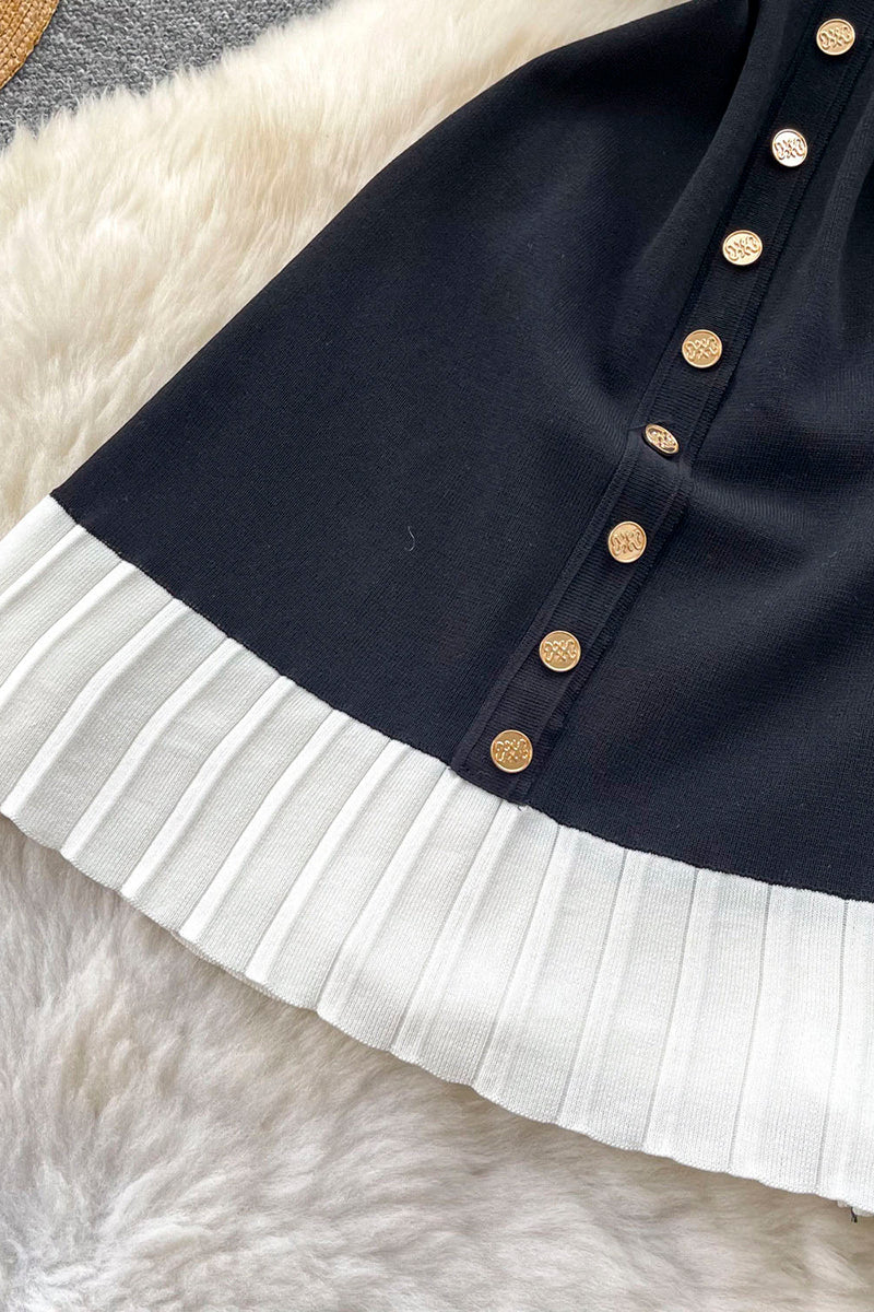 Buttoned Short Sleeve Pleated Hem Dress