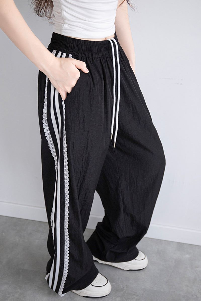 Striped Lace Trim Casual Pants