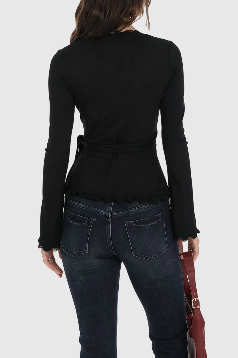 Elegant Wrap Lace Trim Blouse