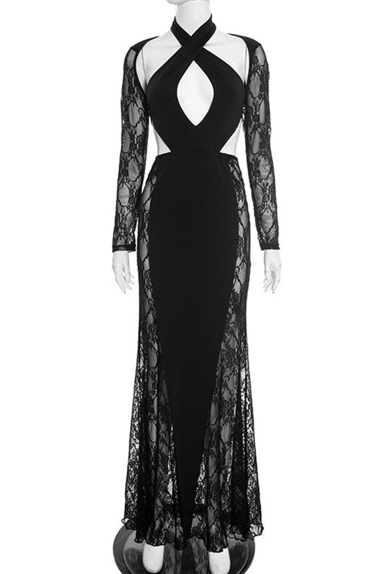 Lace Cutout Long Sleeve Casual Maxi Dress