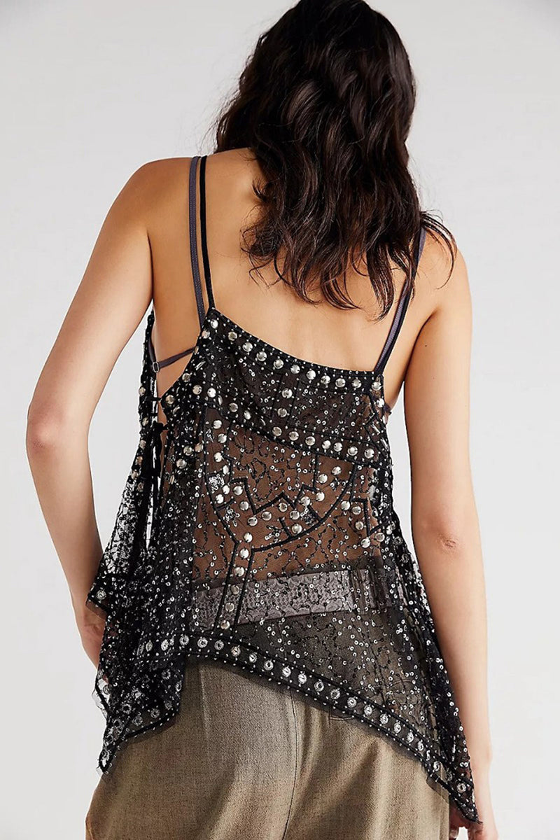 Sequin Embellished V-Neck Tank Top