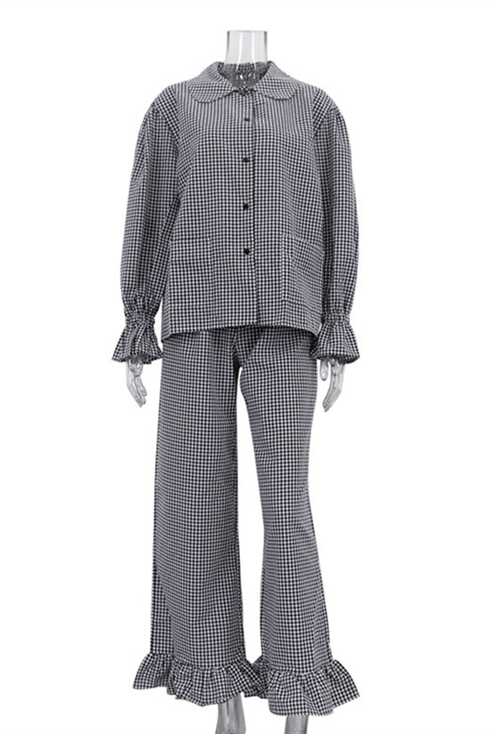 Gingham Ruffle Sleeves and Hem Pants Set