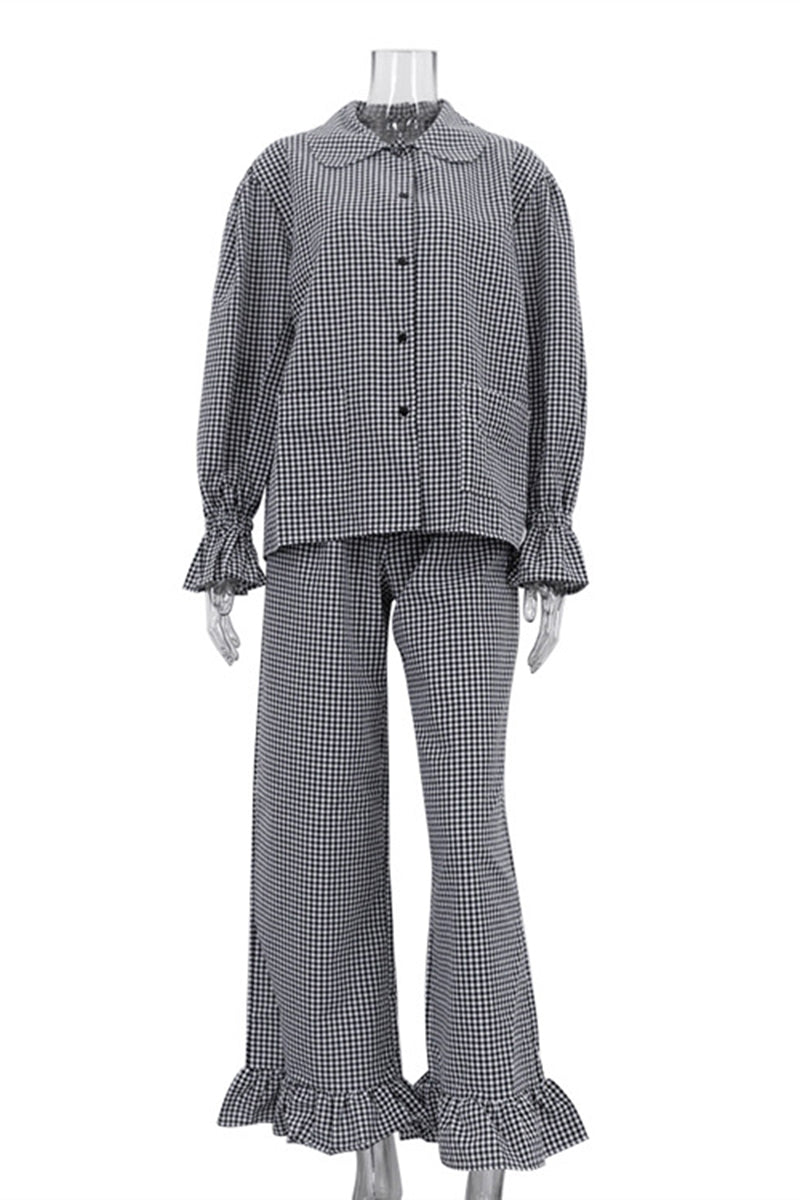 Gingham Ruffle Sleeves and Hem Pants Set