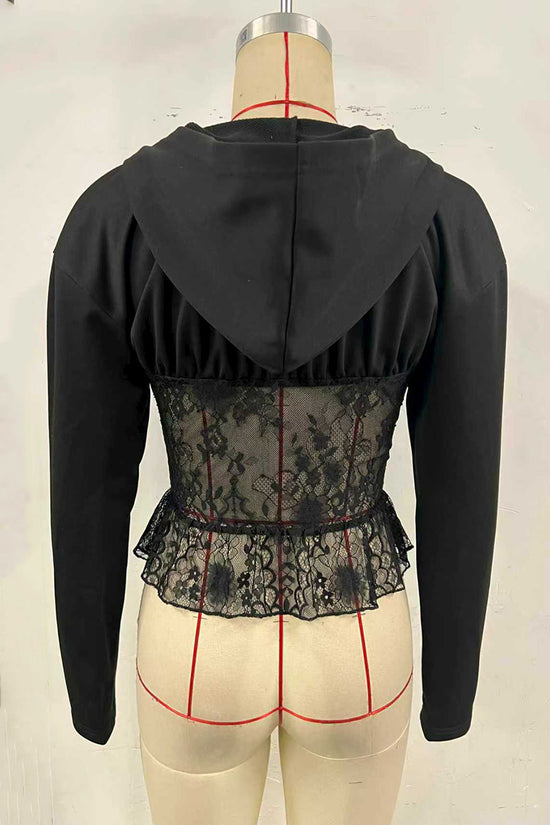 Zipper Lace Corset Blouse with Hoodie
