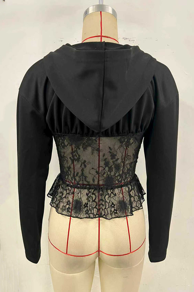 Zipper Lace Corset Blouse with Hoodie
