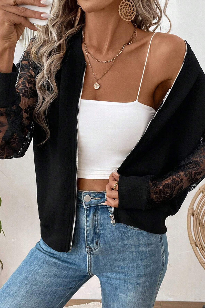 Lace Sleeve Zipper Jacket