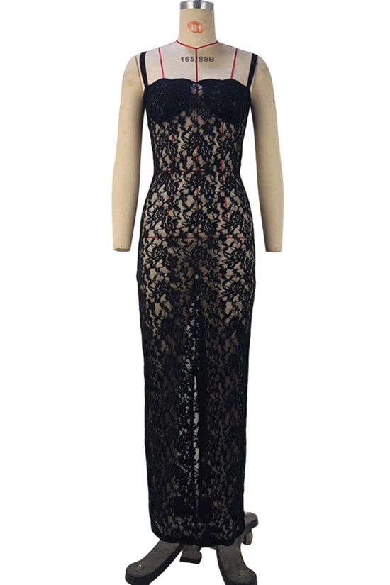 Elegant Sleeveless Sheer Lace Long Dress