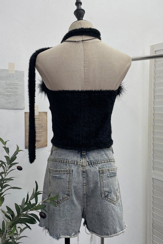 Fuzzy Off-Shoulder Tank Top with Scarf