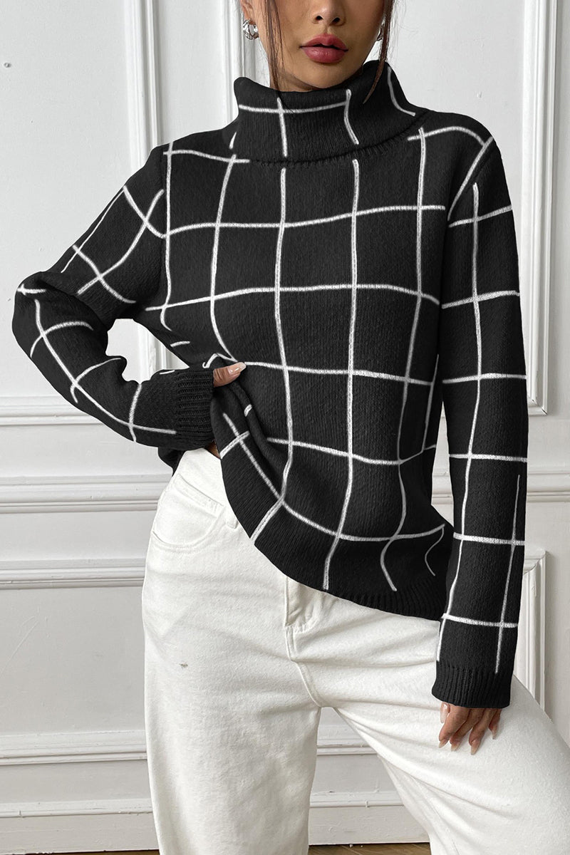 Turtleneck Grid Pattern Sweater