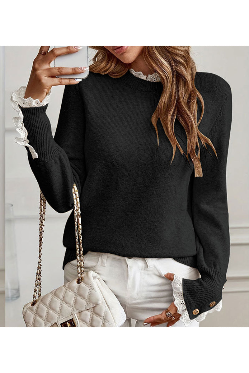 Elegant Lace Trim Sweater with Button Cuffs