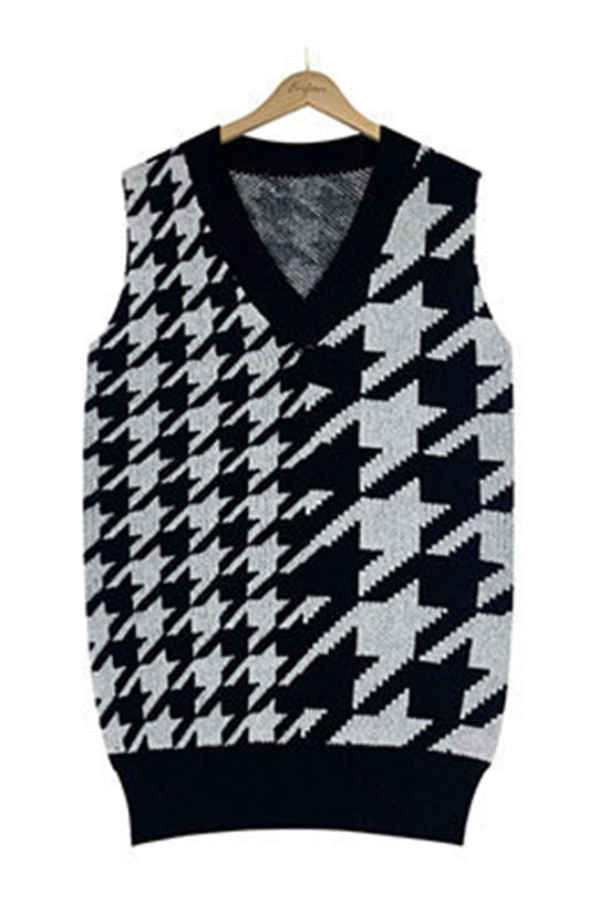 Houndstooth Sweater Vest with Deep V-Neck