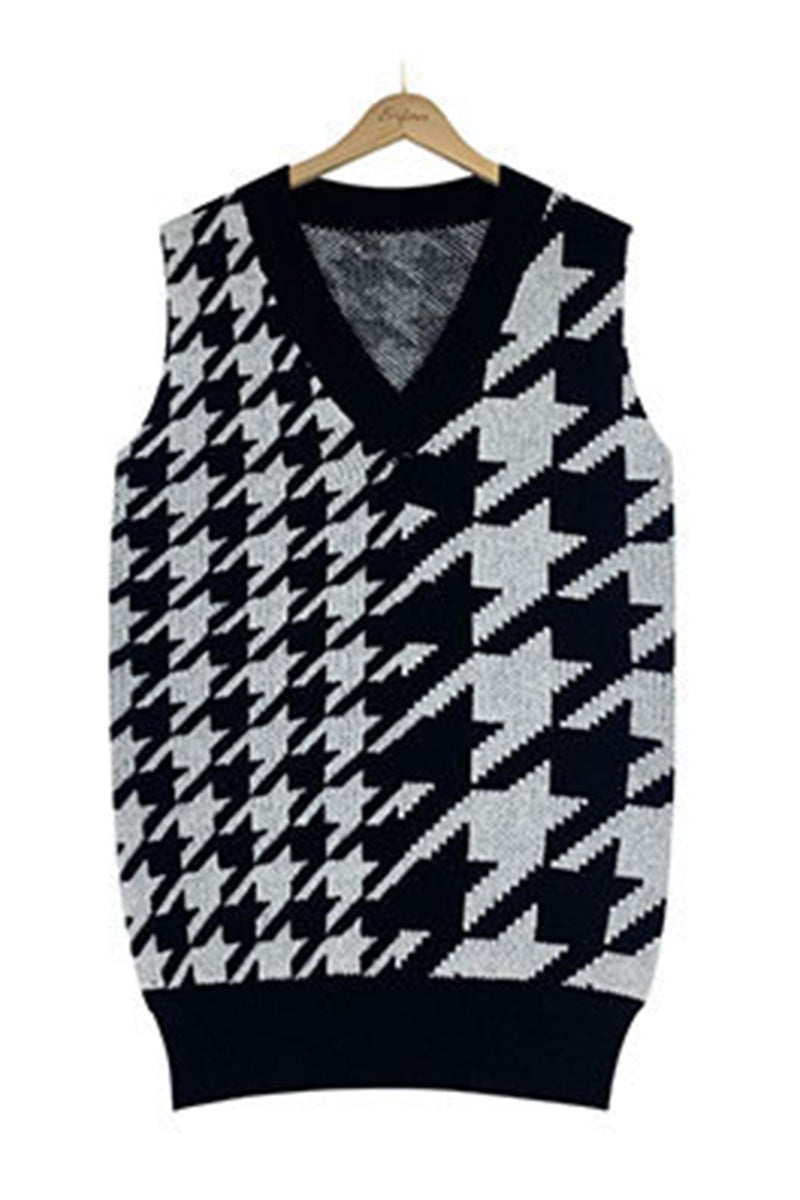 Houndstooth Sweater Vest with Deep V-Neck