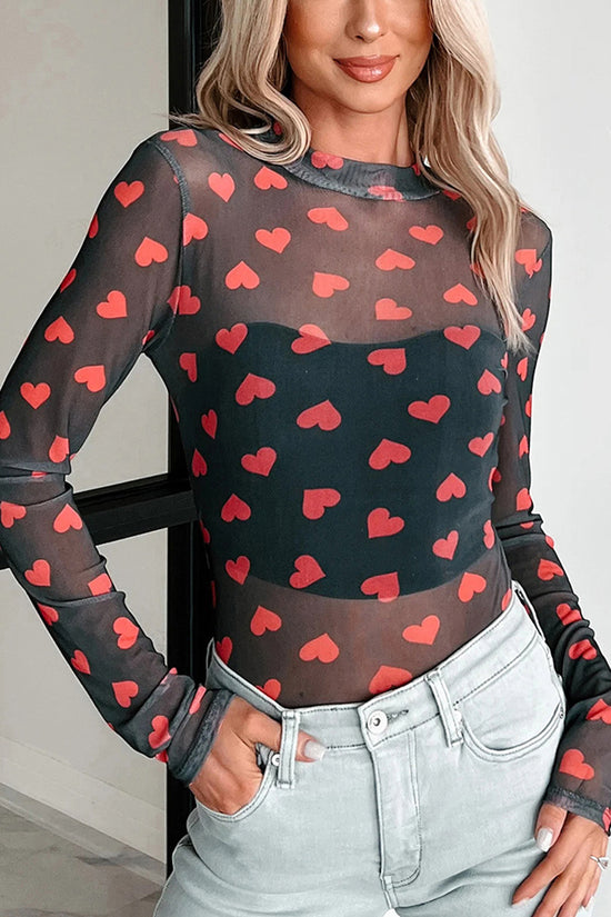 Heart Print Sheer Long Sleeve Top