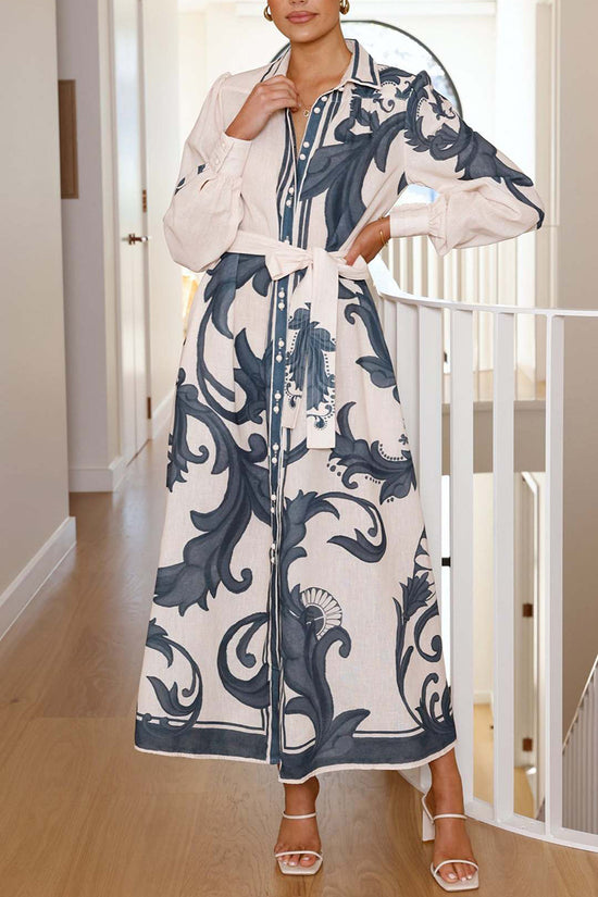 Floral Belted Long Sleeve Casual Dress