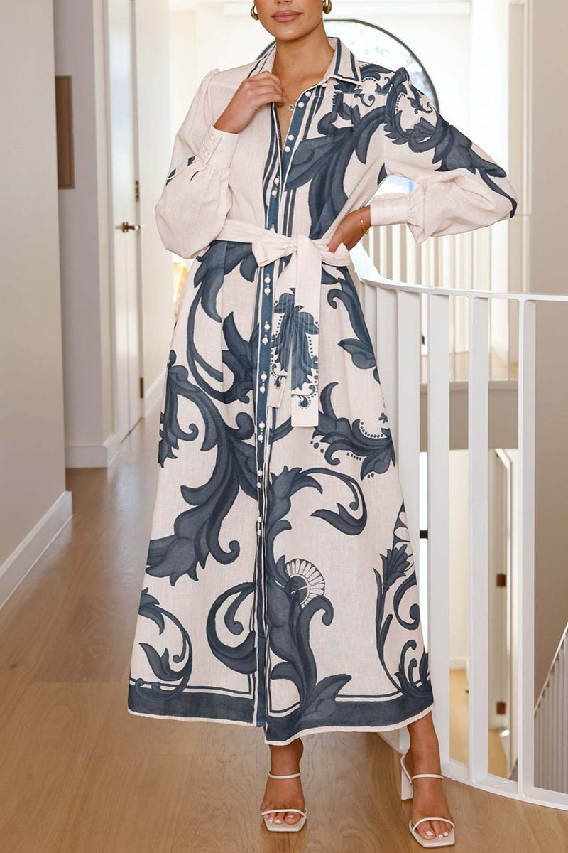 Floral Belted Long Sleeve Casual Dress