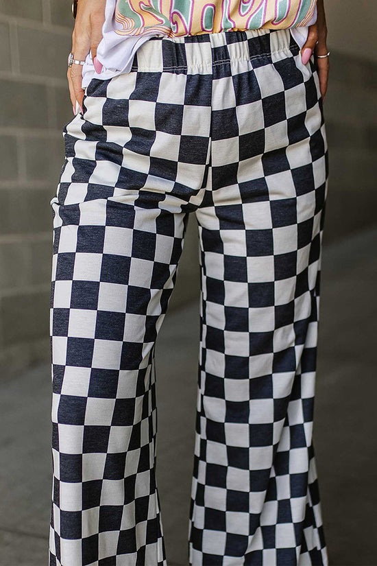 Checker Pattern Wide-Leg Casual Pants