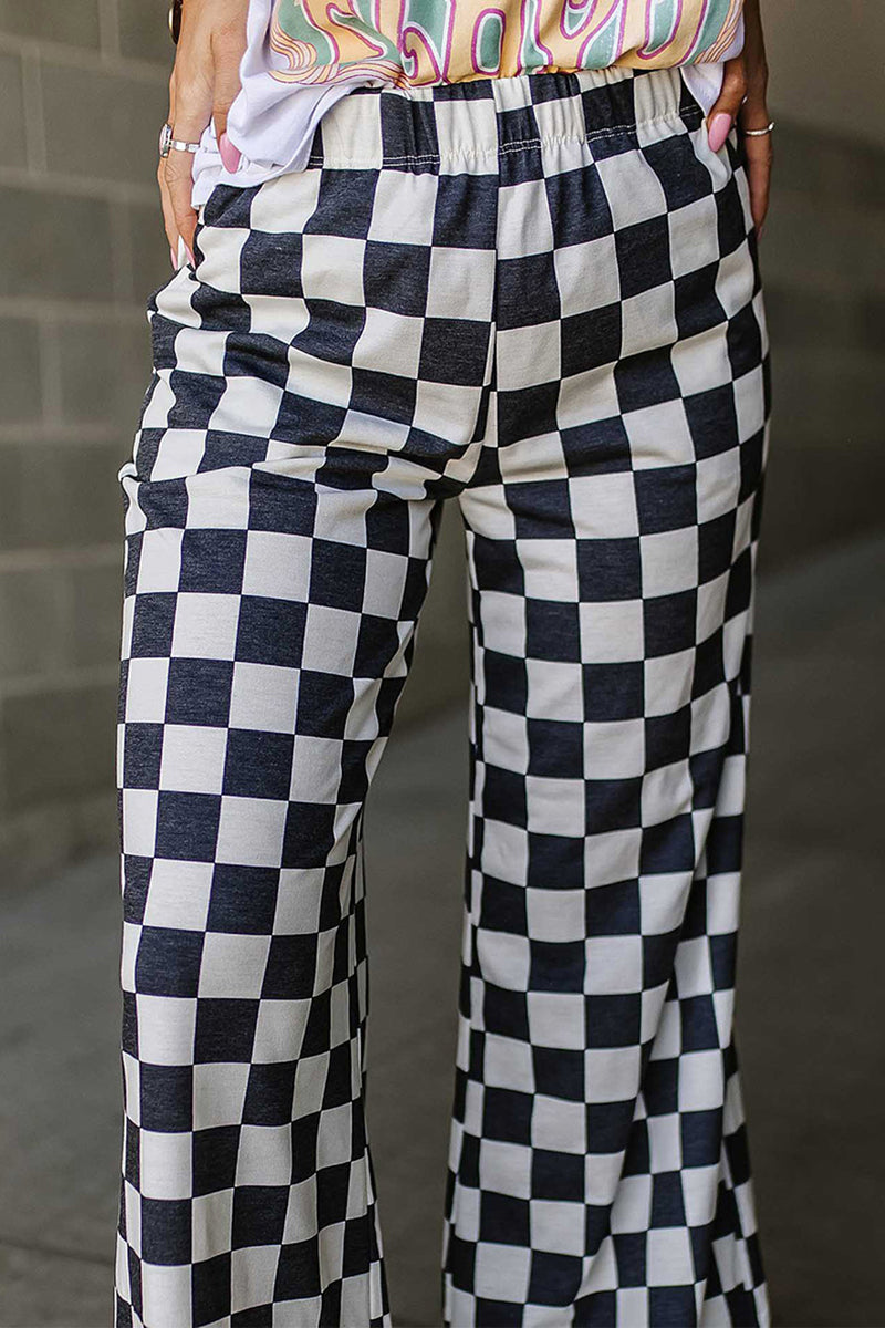 Checker Pattern Wide-Leg Casual Pants
