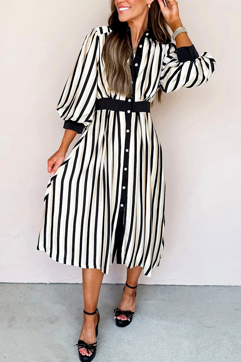 Stripe Puff Sleeve Button Down Midi Dress