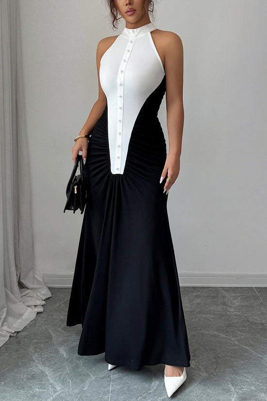 Two-Tone Halter Maxi Dress with Button Details