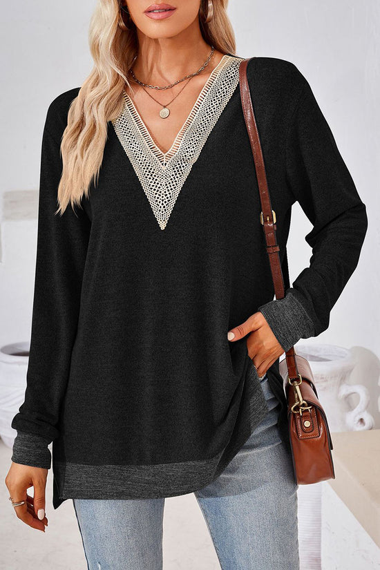 V-Neck Crochet Trim Long Sleeve Top
