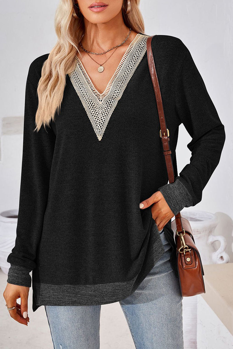 V-Neck Crochet Trim Long Sleeve Top