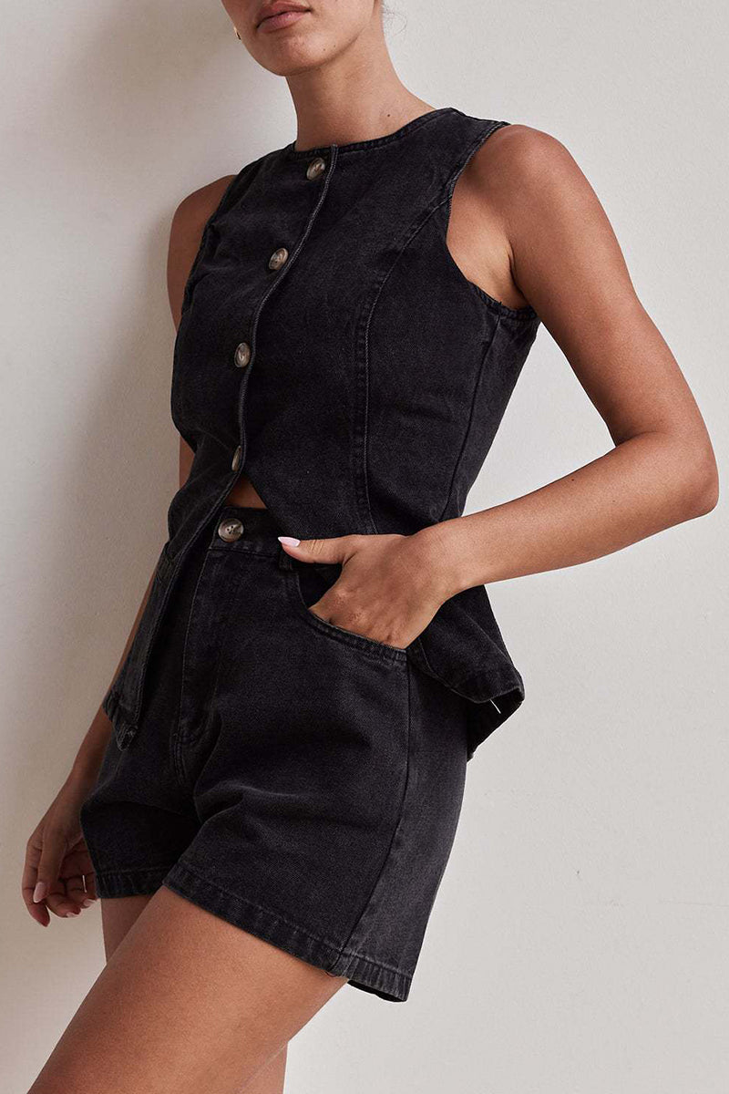 Chic Buttoned Sleeveless Shorts Set