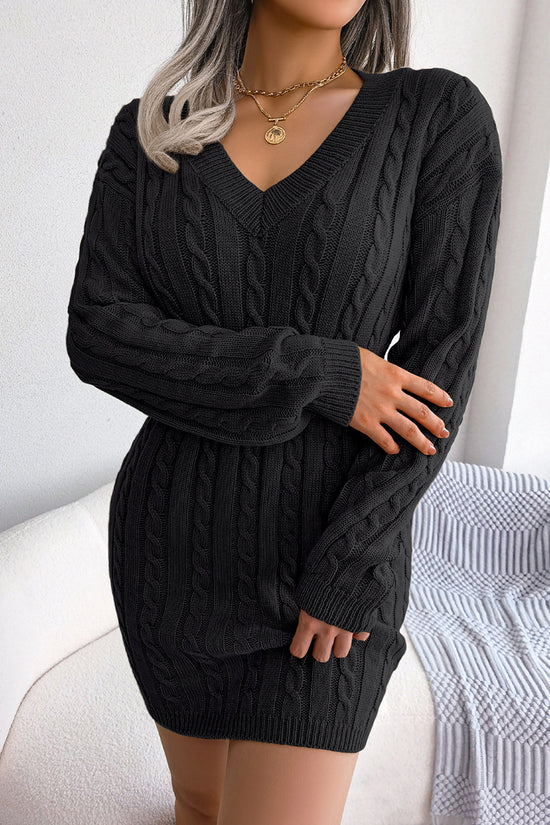 Cable Knit V-Neck Casual Sweater Dress