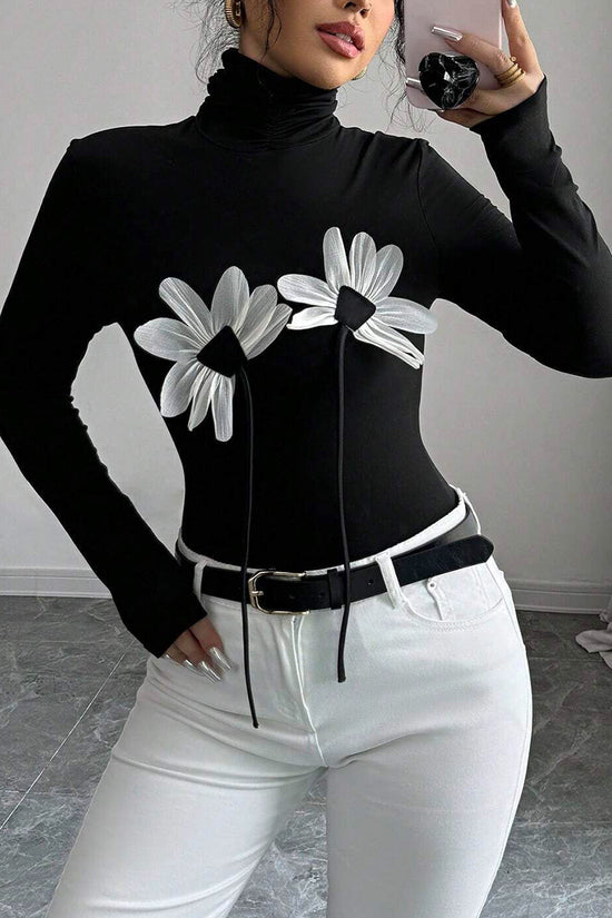 Floral Appliqué Turtleneck Long Sleeve Top