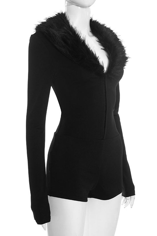 Faux Fur Collar Long Sleeve Romper